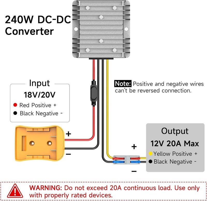 Azocek 2 Pack 20V to 12V Step Down Converter Compatible with DeWalt 20V Power Wheel Battery Adapter, DC 12V 20A 240W Buck Converter Regulator 30A Fuse & Wire Terminal - Image 5